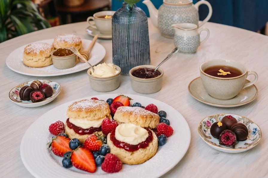 Cream tea for two on the dining table: scones with jam and clotted cream, berries and a pot of tea