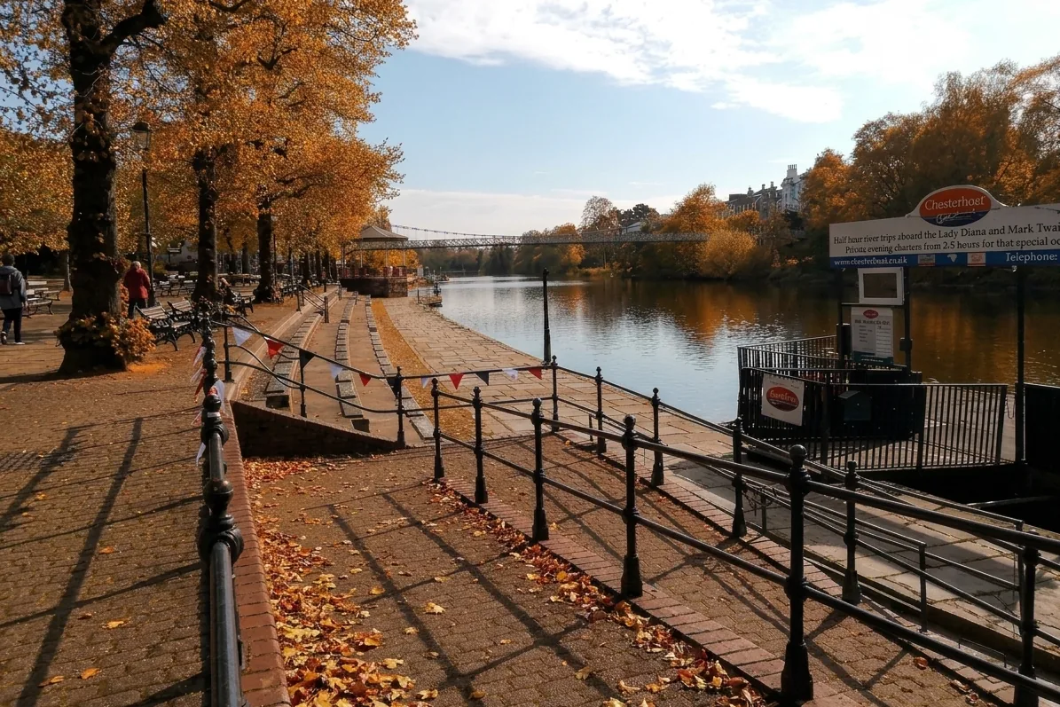 Golden trees and fallen leaves along the Groves beside the River Dee
