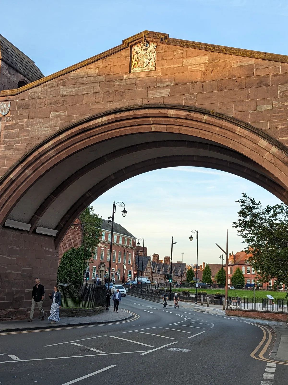 Newgate, the sandstone arch in Chester's city walls, on a clear spring evening
