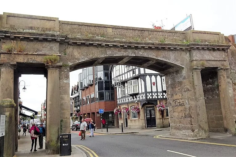 The Northgate, a wide stone arch carrying the city walls over Northgate Street in Chester