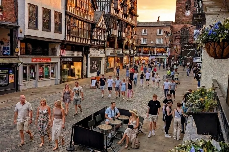 People strolling down a cobbled Chester street at golden hour, with black and white Rows buildings on both sides