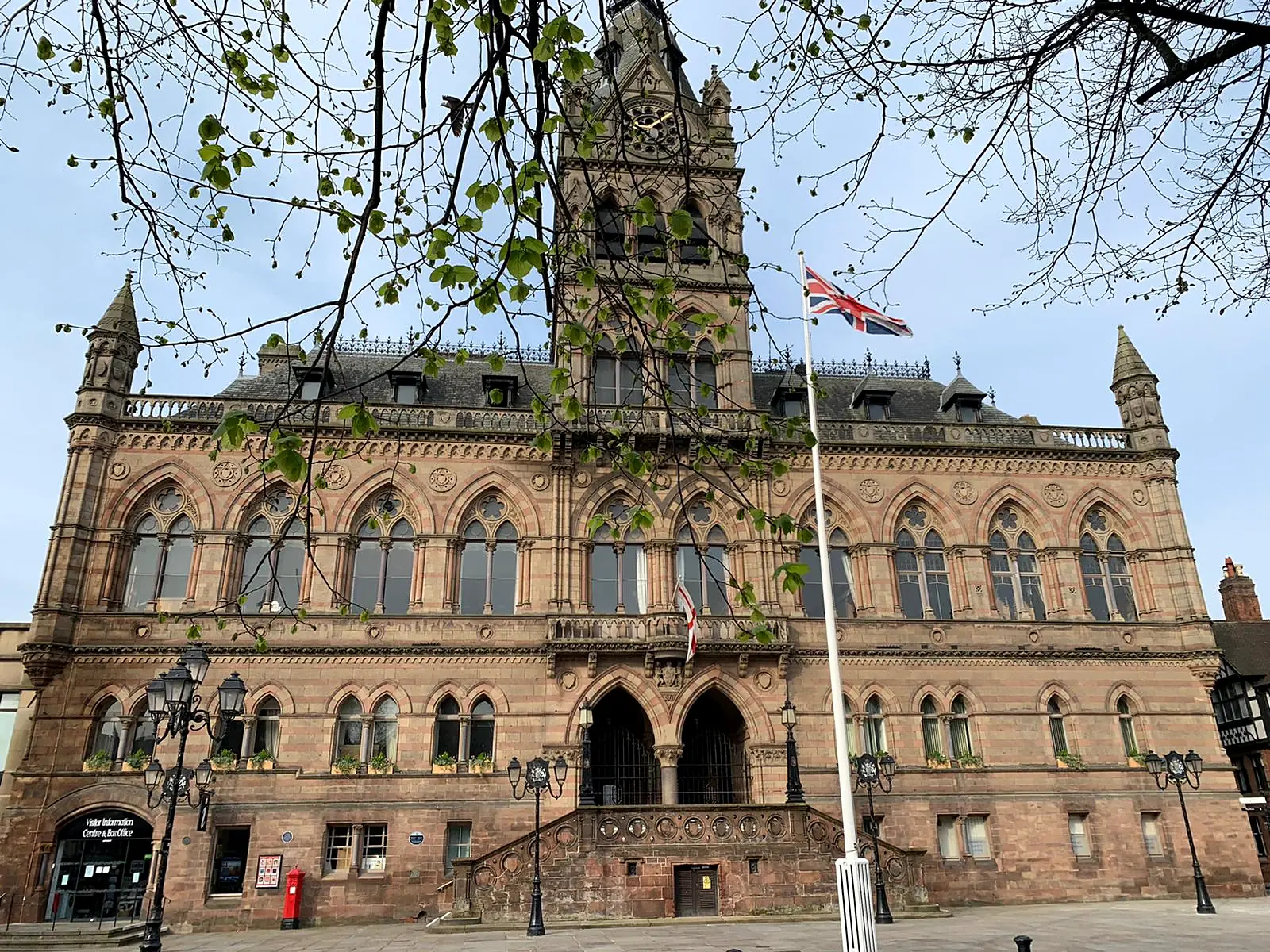 The front of Chester Town Hall under a blue sky