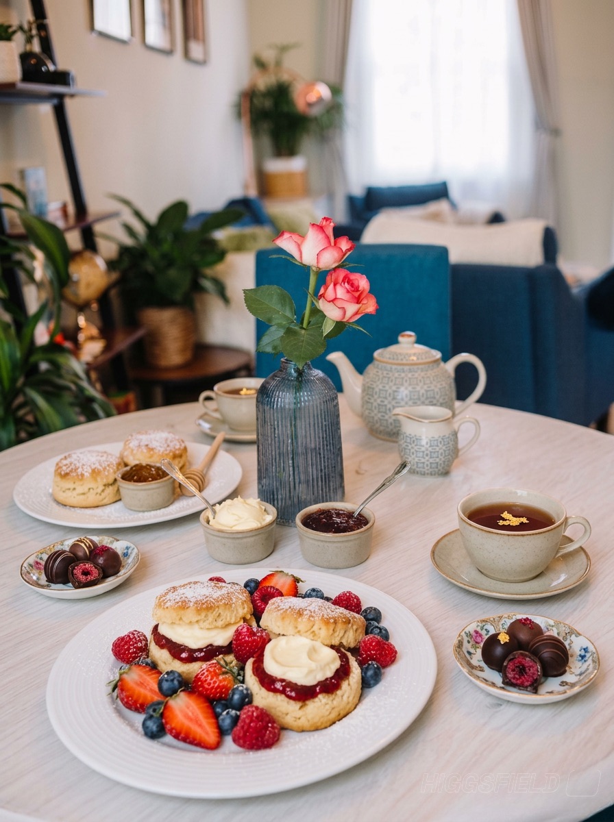 Paula's cream tea laid out on the dining table: scones with jam and clotted cream, fresh berries, chocolates, a teapot and roses