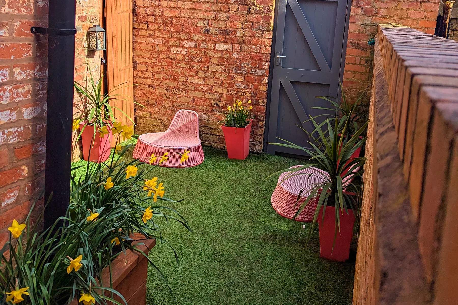 The walled courtyard in spring sun, with pink chairs, red pots and daffodils