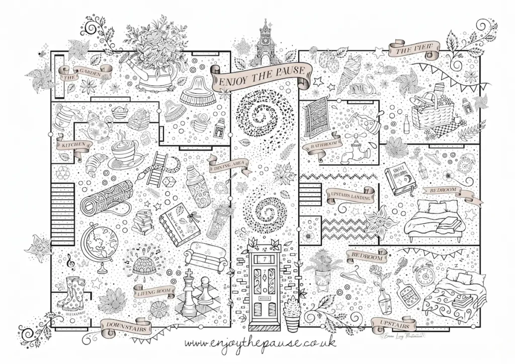 Hand-drawn illustrated map of the house, with the garden, kitchen, dining area and living room downstairs and the bathroom, landing and two bedrooms upstairs, each room filled with small drawings