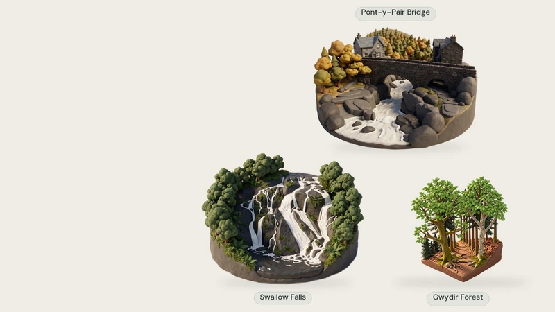 Three separate AI-created clay miniatures, each modelled from a permitted photograph: Pont-y-Pair Bridge, Swallow Falls, Gwydir Forest.
