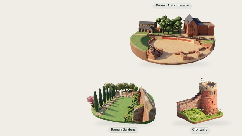 Three separate AI-created clay miniatures, each modelled from a permitted photograph: Roman Amphitheatre, Roman Gardens, City walls.