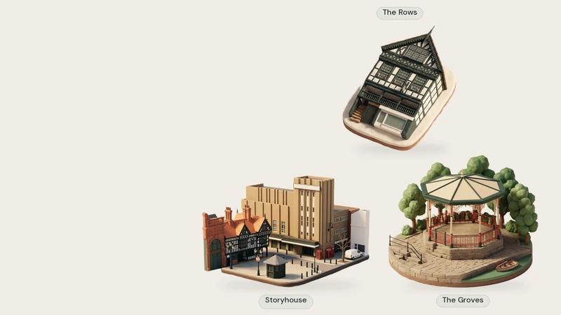 Three separate AI-created clay miniatures, each modelled from a permitted photograph: The Rows, Storyhouse, The Groves.