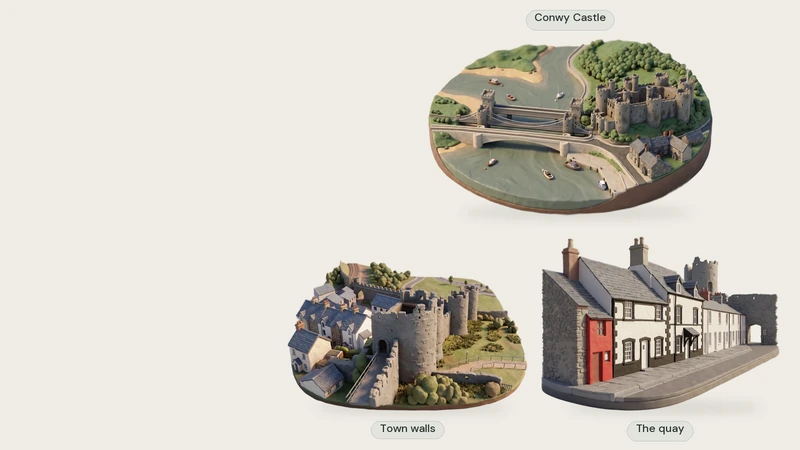 Three separate AI-created clay miniatures, each modelled from a permitted photograph: Conwy Castle, Town walls, The quay. On the quay, the tiny red house is left of the taller black-and-white house.