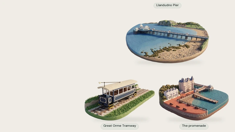 Three separate AI-created clay miniatures, each modelled from a permitted photograph: Llandudno Pier, Great Orme Tramway, The promenade.
