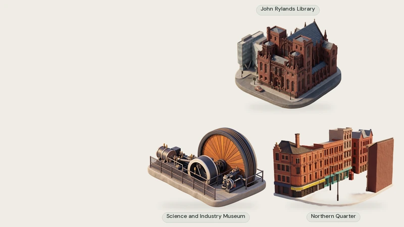 Three separate AI-created clay miniatures, each modelled from a permitted photograph: John Rylands Library, the Science and Industry Museum’s Firgrove mill engine with its large wooden flywheel, and the Northern Quarter.