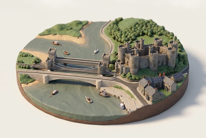 A clay miniature of Conwy Castle above the River Conwy, with the road, suspension and railway bridges side by side, modelled from a photograph