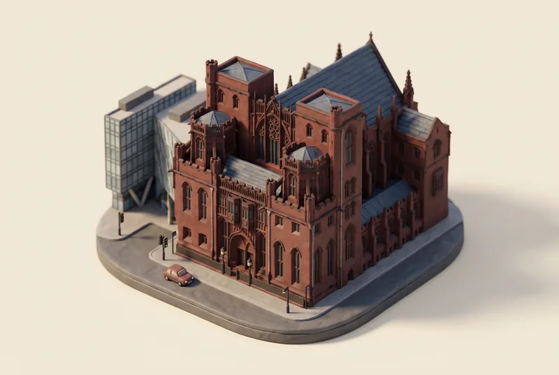 A clay miniature of the John Rylands Library on Deansgate, Manchester: a red sandstone Victorian Gothic building with two square towers, a great traceried window and rows of pointed windows, a glass office block beside it, modelled from a photograph