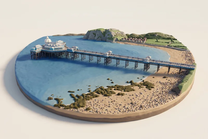 A clay miniature of Llandudno Pier reaching into the bay from a pebble beach, with the Little Orme headland behind, modelled from a photograph
