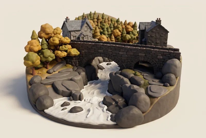 A clay miniature of the double-arched stone Pont-y-Pair bridge over the rapids of the Afon Llugwy at Betws-y-Coed, modelled from a photograph