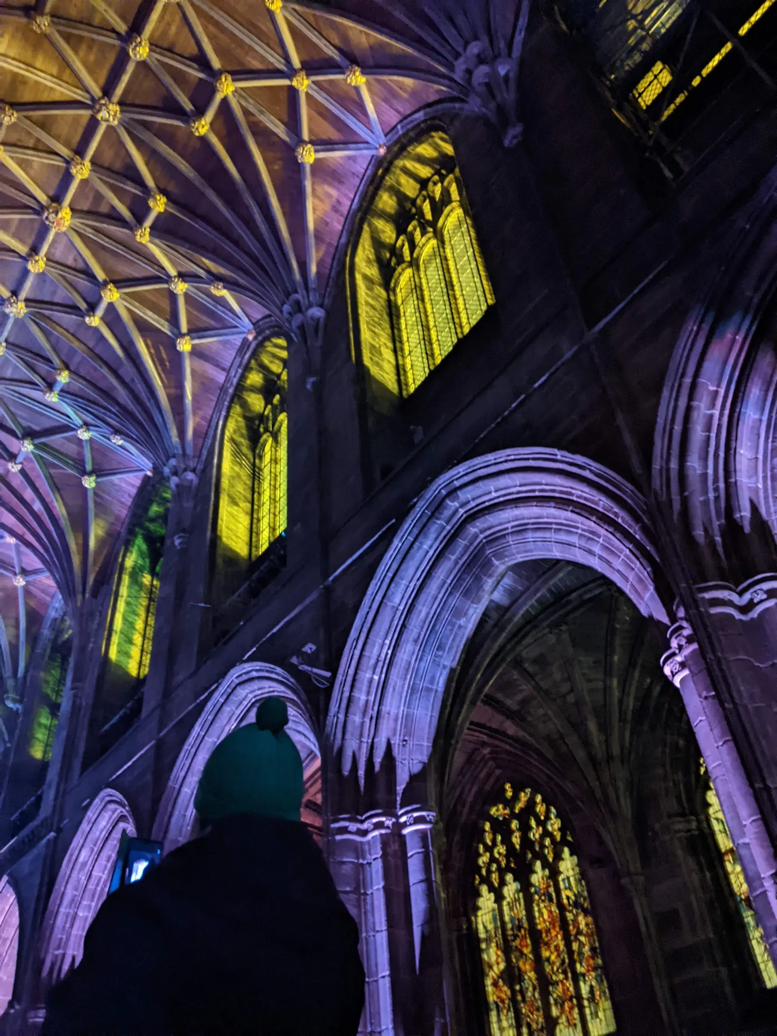 Chester Cathedral interior lit in purple during an evening light display