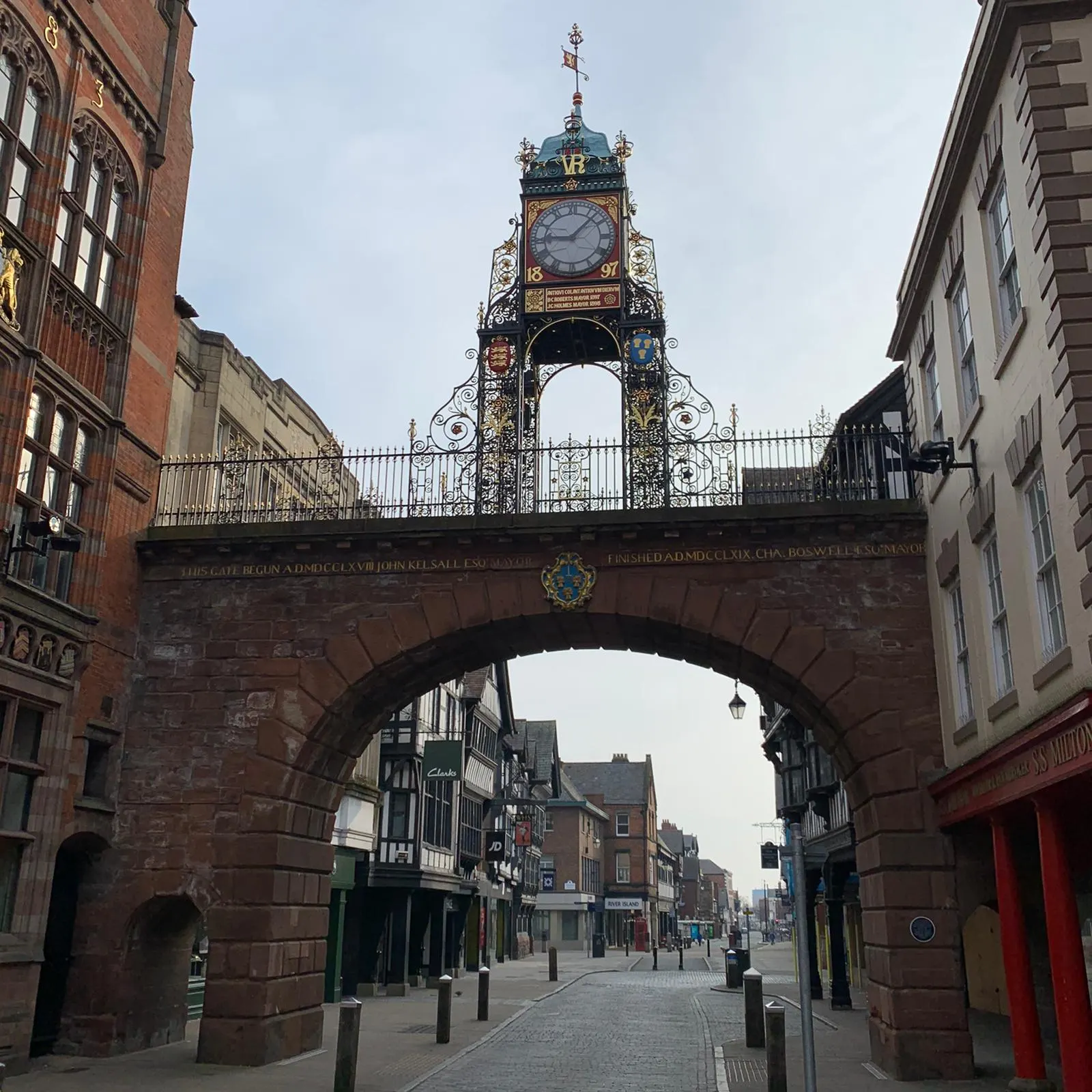 The Eastgate Clock arch over the street on a winter day