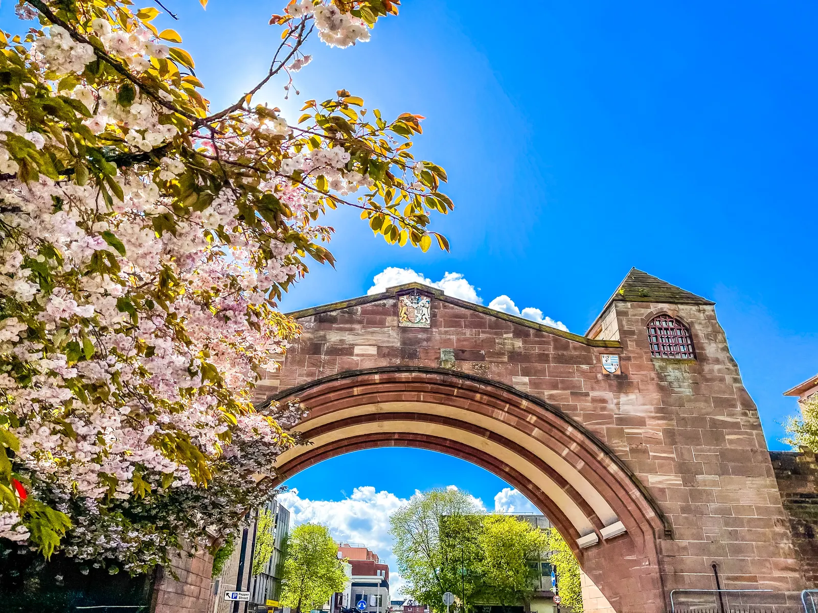 Red-sandstone Newgate arch over Pepper Street framed by spring blossom
