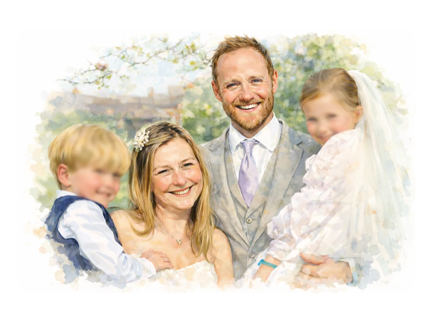 Watercolour portrait of Paula Revill-Jones with her family
