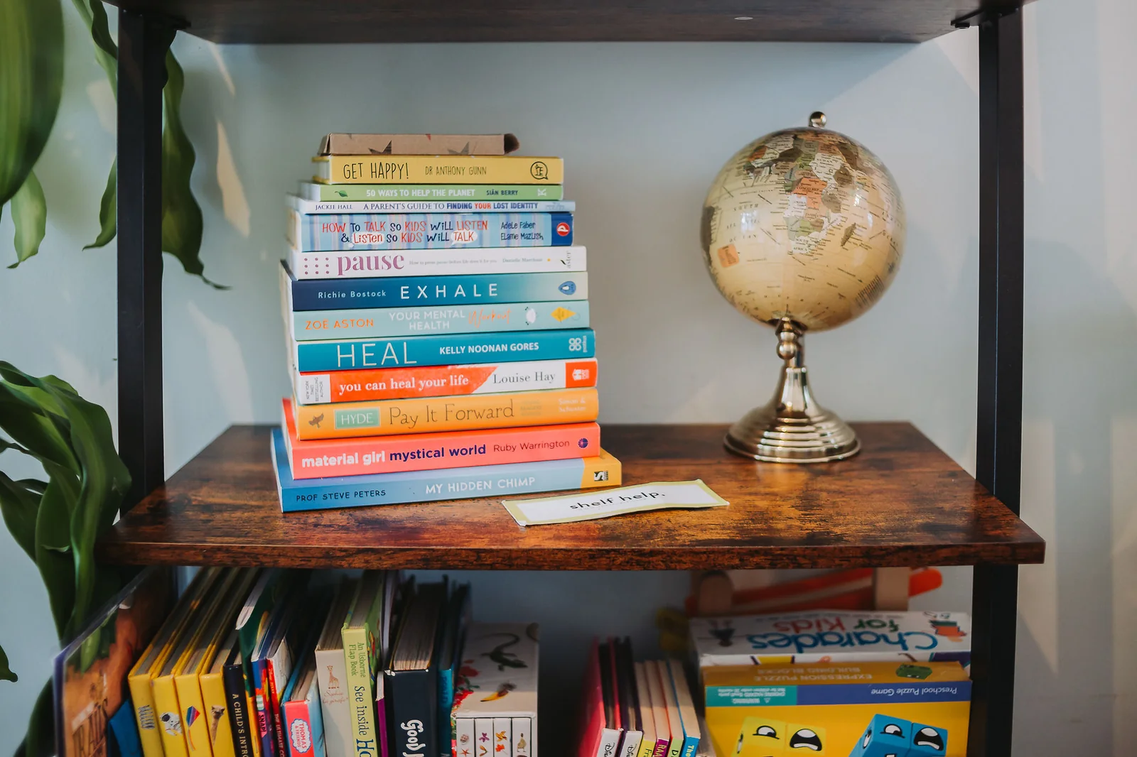 Bookshelf stacked with colourful books beside a globe in the lounge