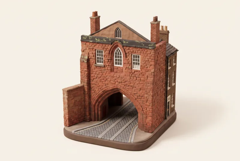 AI-created miniature diorama of Abbey Gateway in Chester, modelled from a verified photograph.