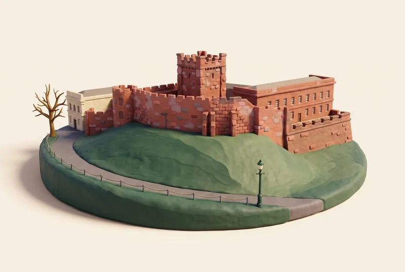 AI-created miniature diorama of Chester Castle and the Agricola Tower in Chester, modelled from an Enjoy the Pause photograph.