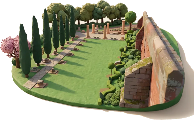 AI-created miniature diorama of Chester Roman Gardens in Chester, modelled from an Enjoy the Pause photograph.