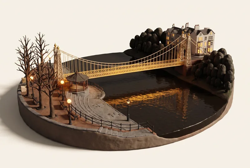 AI-created miniature diorama of Queen's Park Suspension Bridge in Chester, modelled from a verified photograph.